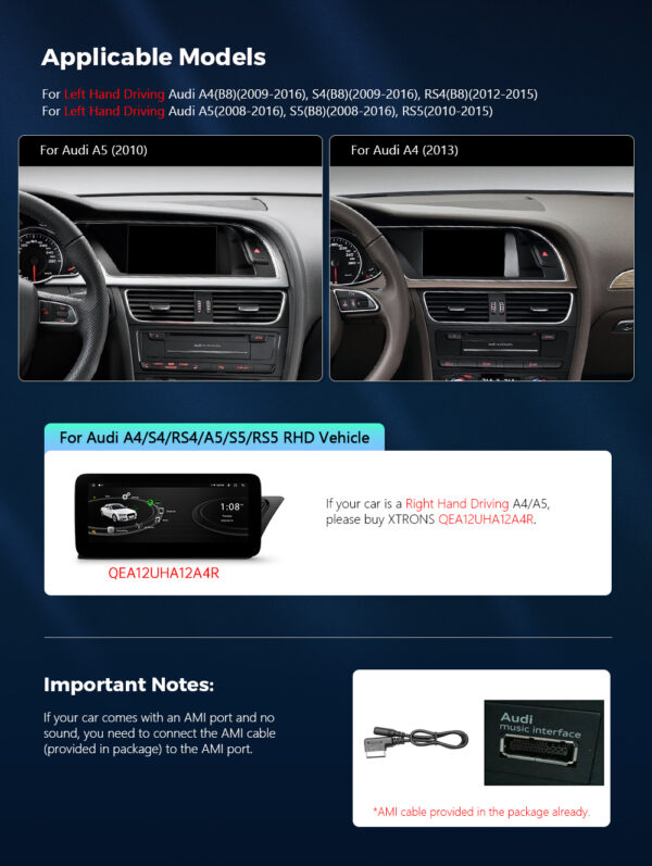 Audi | Various | Android / iPhone | Octa Core | 2GB RAM & 32GB ROM | Integrated 4G LTE | QEA12UHA12A4L