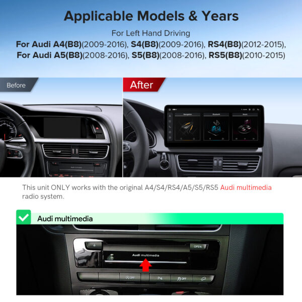 Audi | A4 / A5 | Android Platform & OEM System | Octa-core | 4GB RAM & 64GB ROM | Global 4G LTE | QLA22UHA12A4L