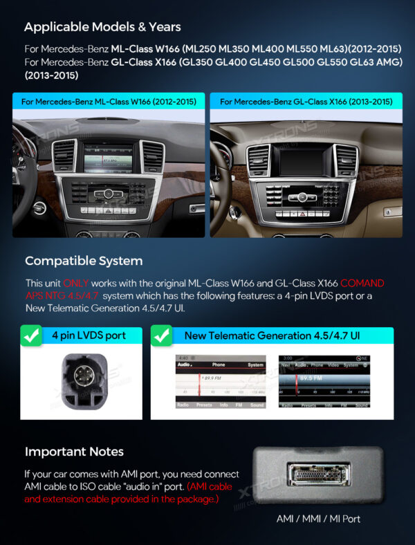 Mercedes-Benz | ML-Class & GL-Class | Android OS & OEM system | Octa-core | 4GB RAM & 64GB ROM | Integrated 4G LTE | QAMS1445M12ML45
