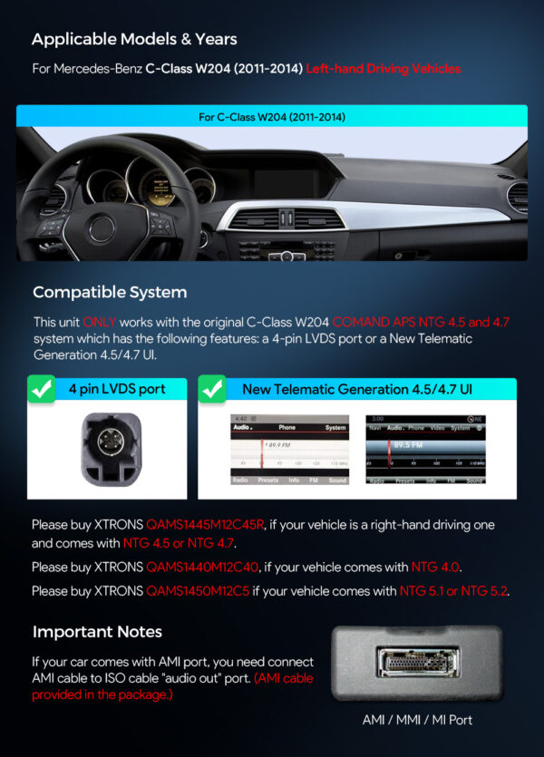 Mercedes-Benz | C-Class | Android OS & OEM system | Octa-core | 4GB RAM & 64GB ROM | Integrated 4G LTE | QAMS1445M12C45L